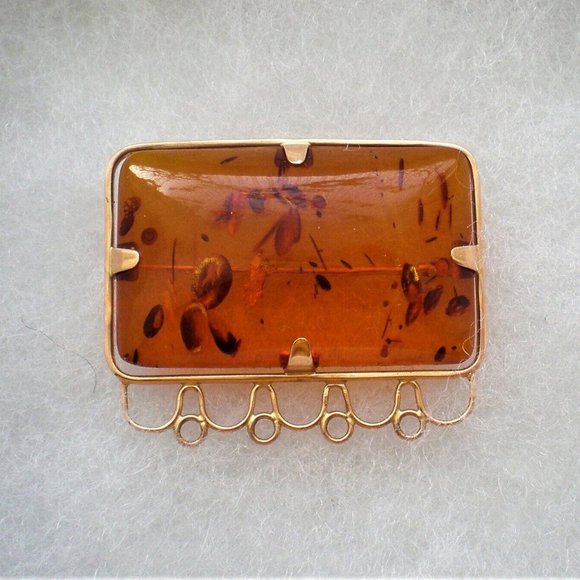 Vintage Russian Russia USSR 14K 583 Rose Pink Gold Baltic Honey Amber Pin Brooch - Picture 4 of 5